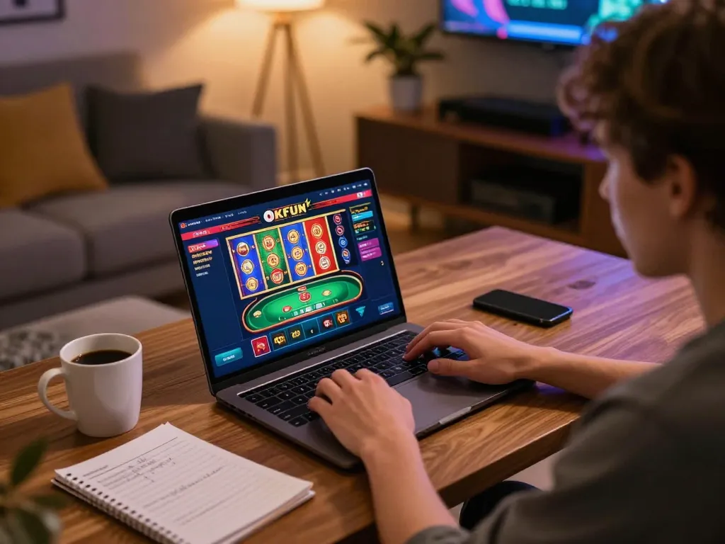 Engaging in online casino gaming on OKFUN platform with a vibrant setup and laptop.