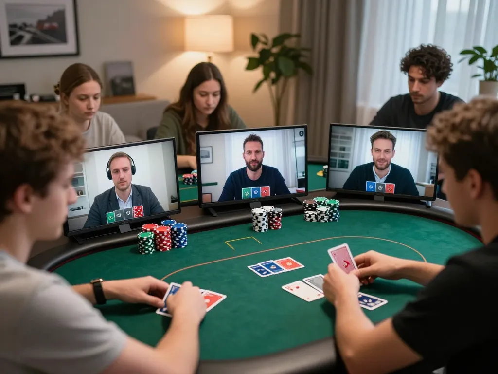 Engaged players joining a lively Fun88 online poker tournament from home, showcasing strategic gameplay