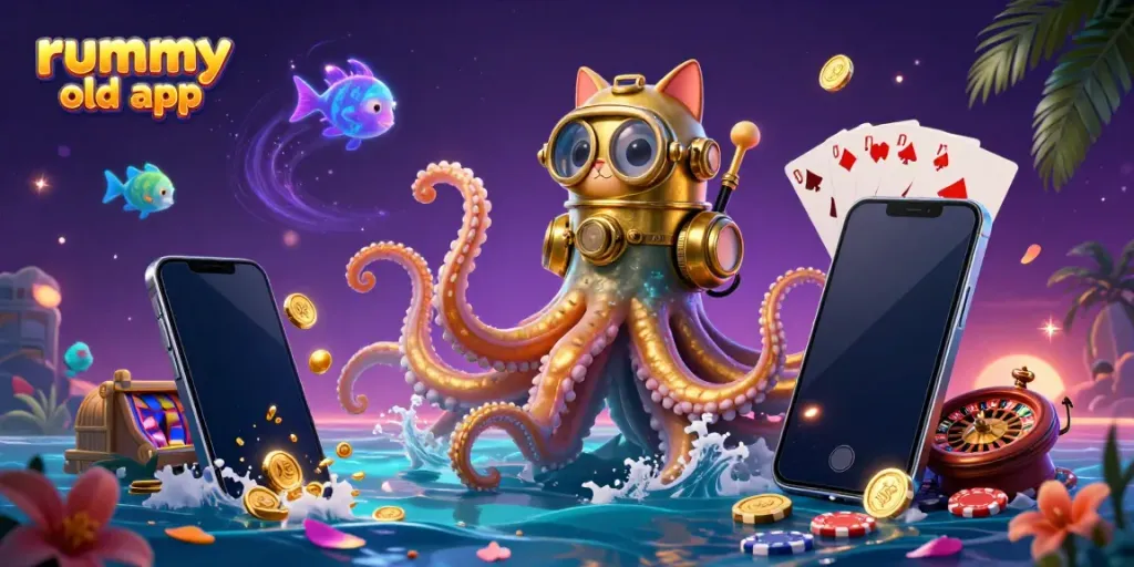 Engage with the vibrant rummy old app as a kraken emerges with treasures, surrounded by casino elements.