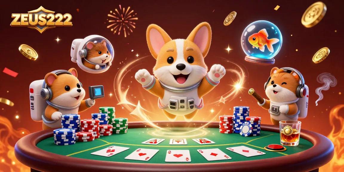 Experience ZEUS222 gaming with a floating corgi in a space casino filled with poker excitement.