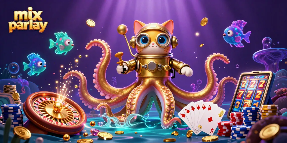 Bet on mix parlay with a kraken and diving cat in a vibrant, dynamic casino scene