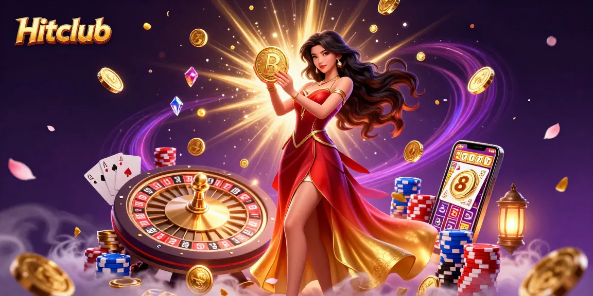 Engage with the thrilling Hitclub experience featuring golden coins, a stunning Asian woman, and dynamic casino elements.