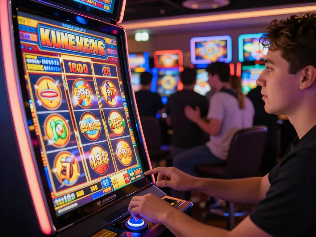 Player celebrating a win at a vibrant slot pulsa machine, immersed in casino excitement.