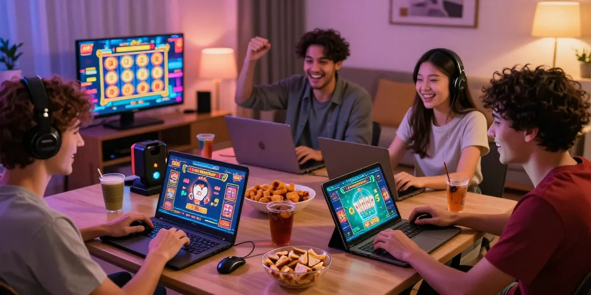 Four friends playing popular online rewards games at home, showcasing excitement and camaraderie on https://gamebaidoithuong.is/.