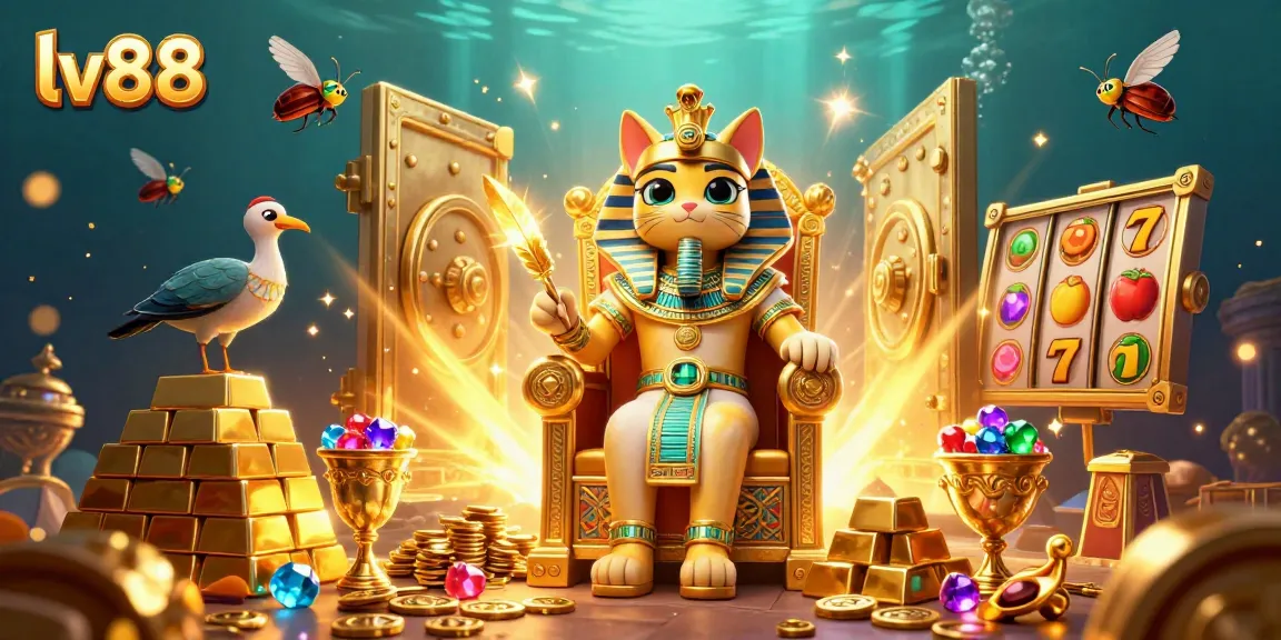 Experience the excitement of lv88 with dynamic casino-themed 3D illustration featuring treasures, reels, and colorful gems.