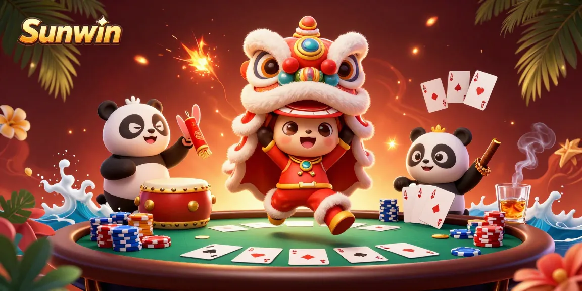 Engage with Sunwin casino games featuring a colorful lion dance, poker elements, and festive characters.