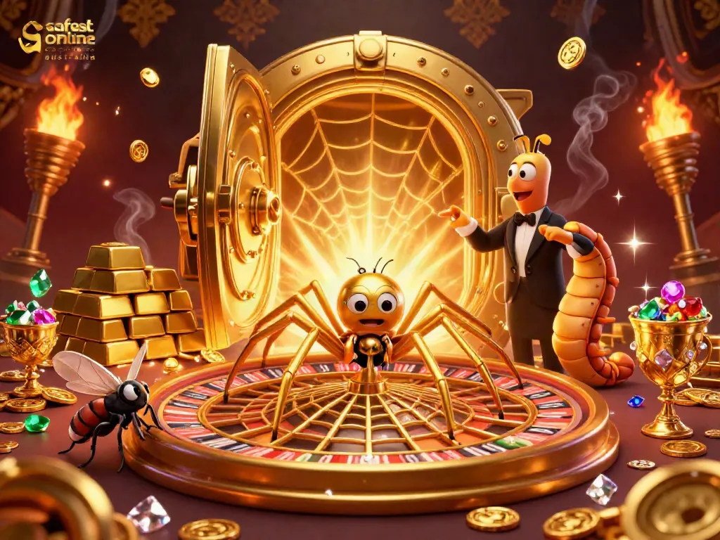 Engaging scene of the safest online casinos australia featuring a golden web roulette and lively characters in a vibrant casino setting.
