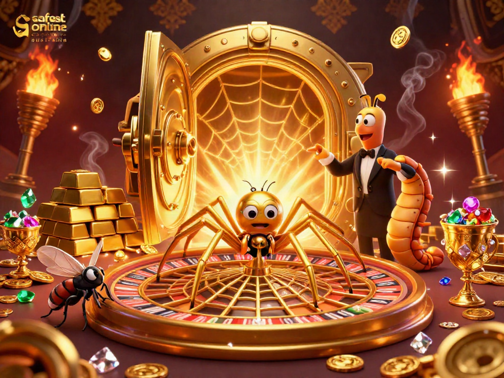 Engaging scene of the safest online casinos australia featuring a golden web roulette and lively characters in a vibrant casino setting.
