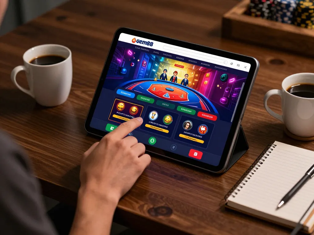 Engaging with gem88 live gaming app on a tablet, creating a vibrant online casino atmosphere.