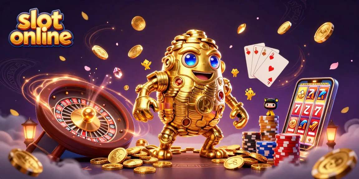 Slot online memperlihatkan golem emas berputar dengan koin dan simbol mesin slot, dikelilingi permainan kasino