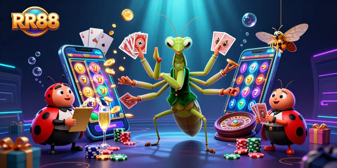 Play and win at RR88 with an exciting digital casino scene capturing a giant mantis card sharp and a ladybug pit boss.