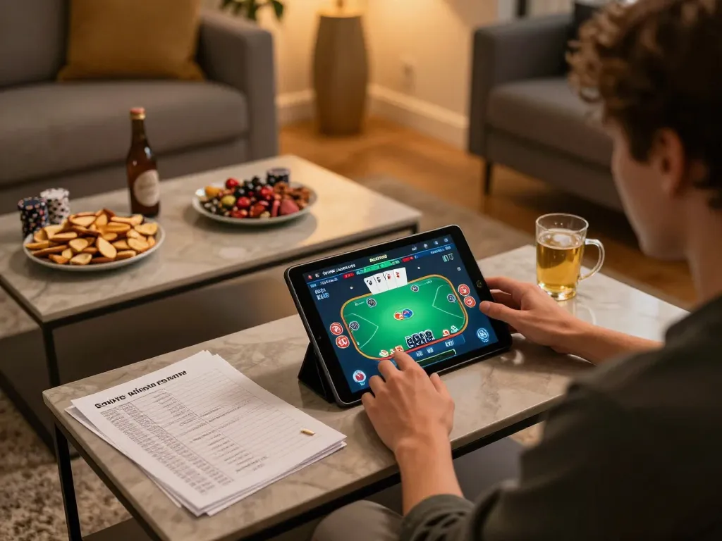 Player engaging in an au88 online poker game on a tablet, immersed in strategy and fun.