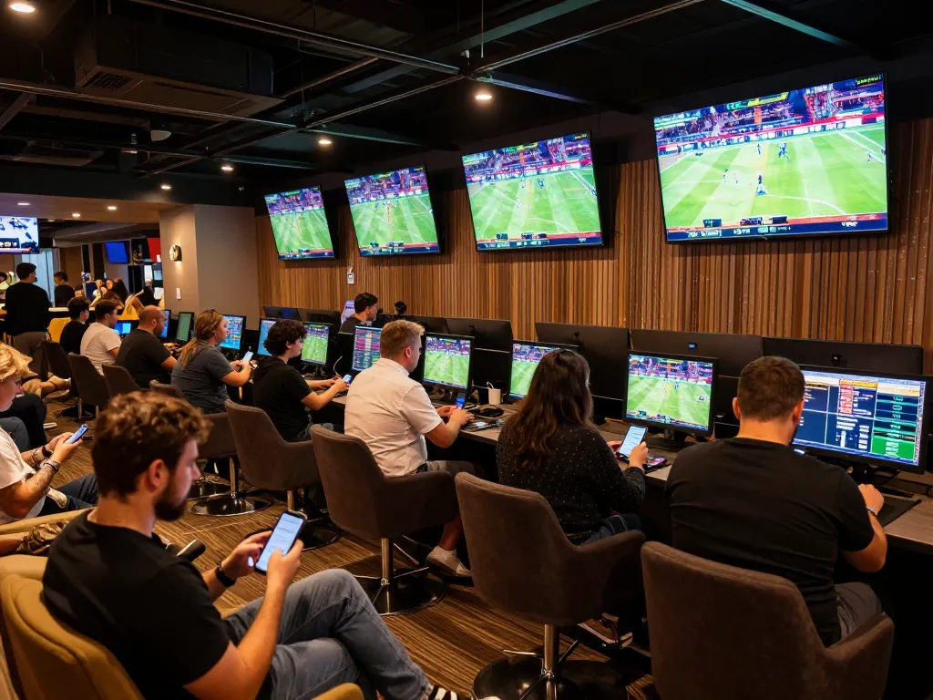 Experience the excitement of sports betting at F8BET with fans engaging via mobile and large screens