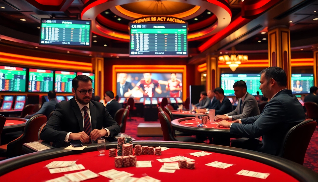 Excited bettors placing bets at a lavish casino on Link Judi Bola with vibrant elements.
