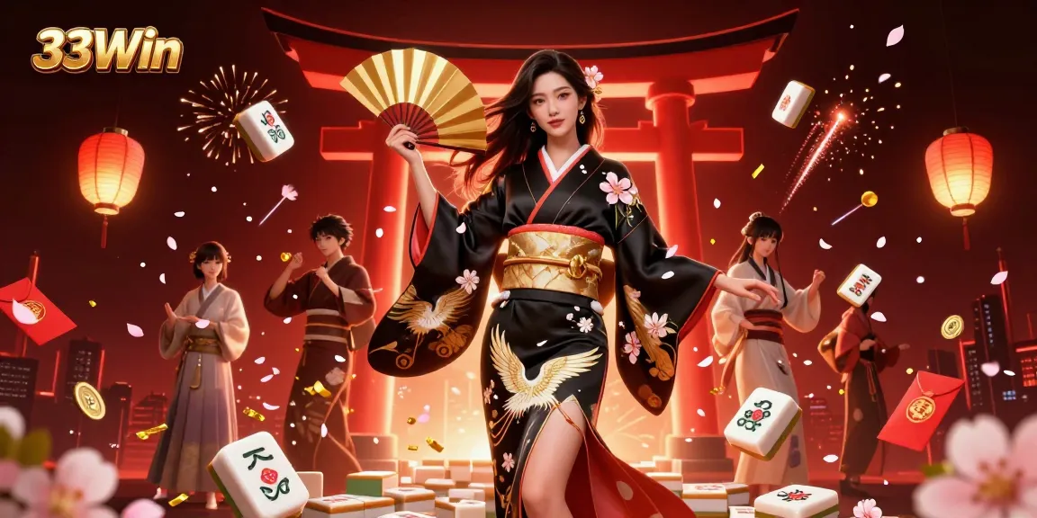 Engage with 33Win through a vibrant scene of gambling, featuring 3D mahjong elements and festive decorations.