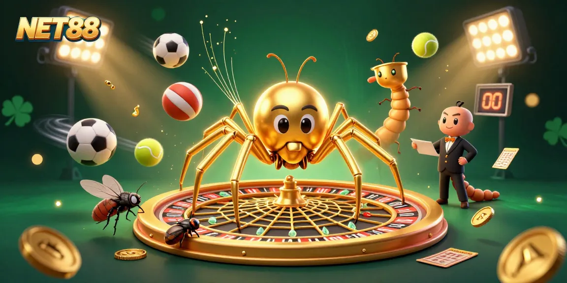 Engage with NET88 as the golden spider spins a roulette wheel web, surrounded by vibrant sports elements.