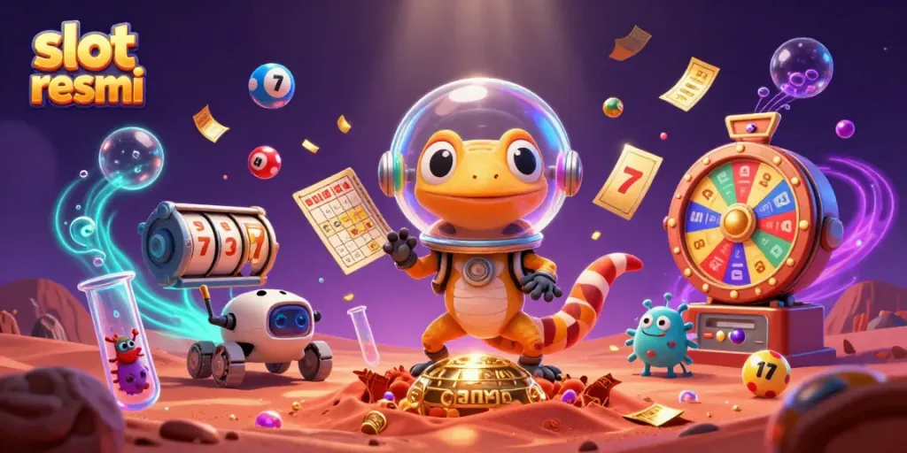 Experience the vibrant world of slot resmi with a Martian gecko amidst colorful casino elements.