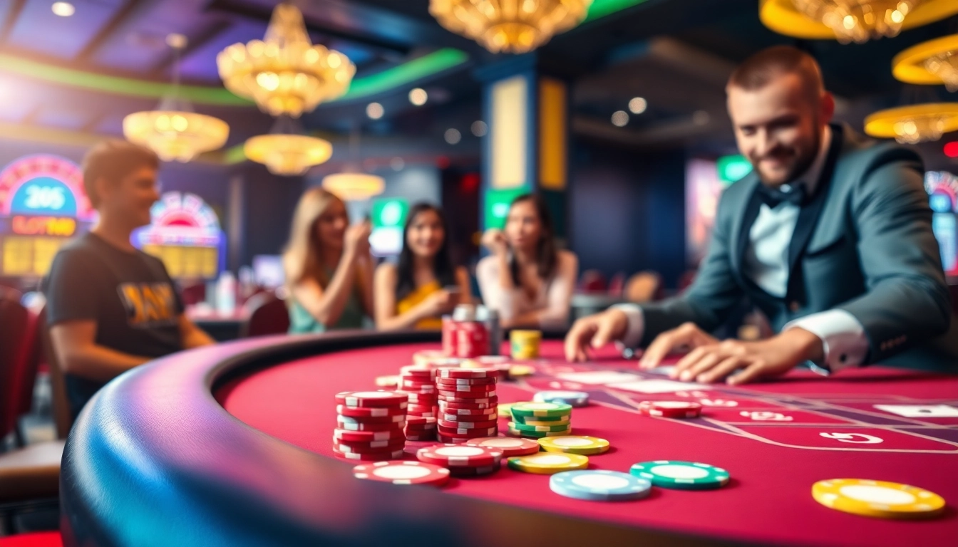 Berinteraksi dengan SLOT365 di meja kasino yang penuh warna dan suasana yang hidup.