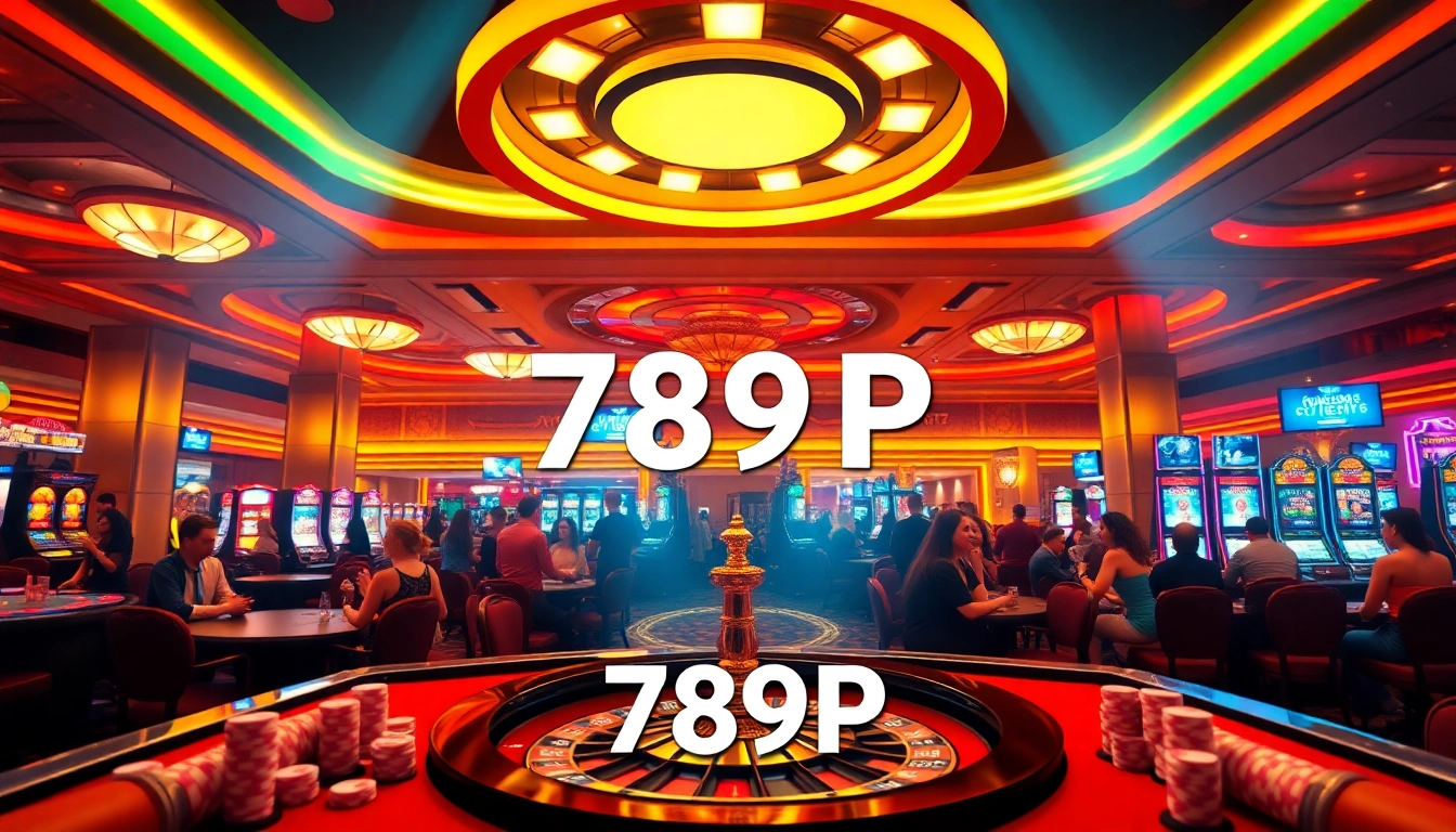 Exciting scene at 789P casino with players engaged at poker tables and a roulette wheel.