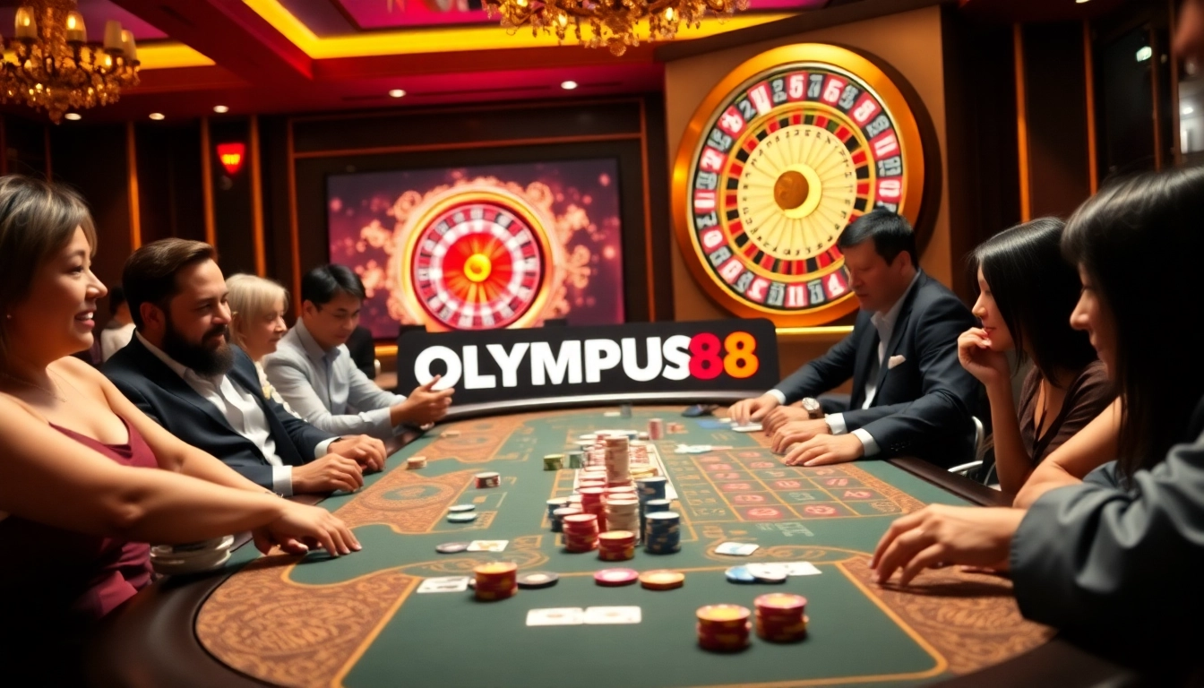 Exciting gameplay at OLYMPUS88 casino table with vibrant poker chips and cards.