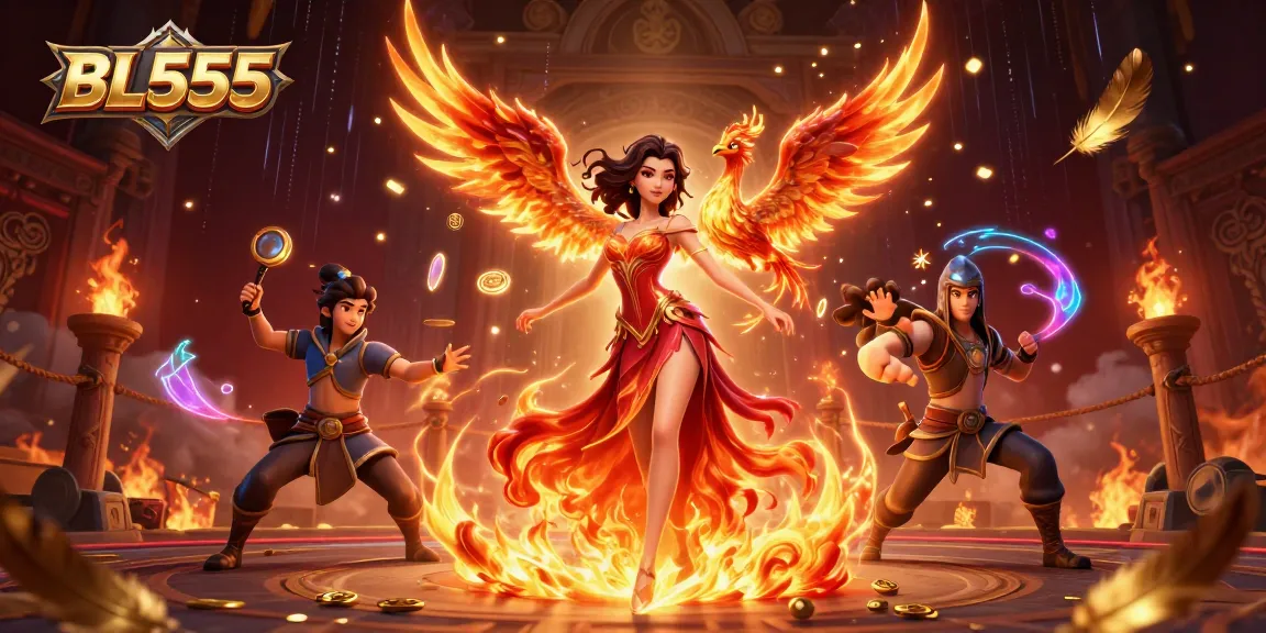 Engage in thrilling gaming experiences on BL555, featuring a powerful Asian woman and a phoenix amidst vibrant casino elements.