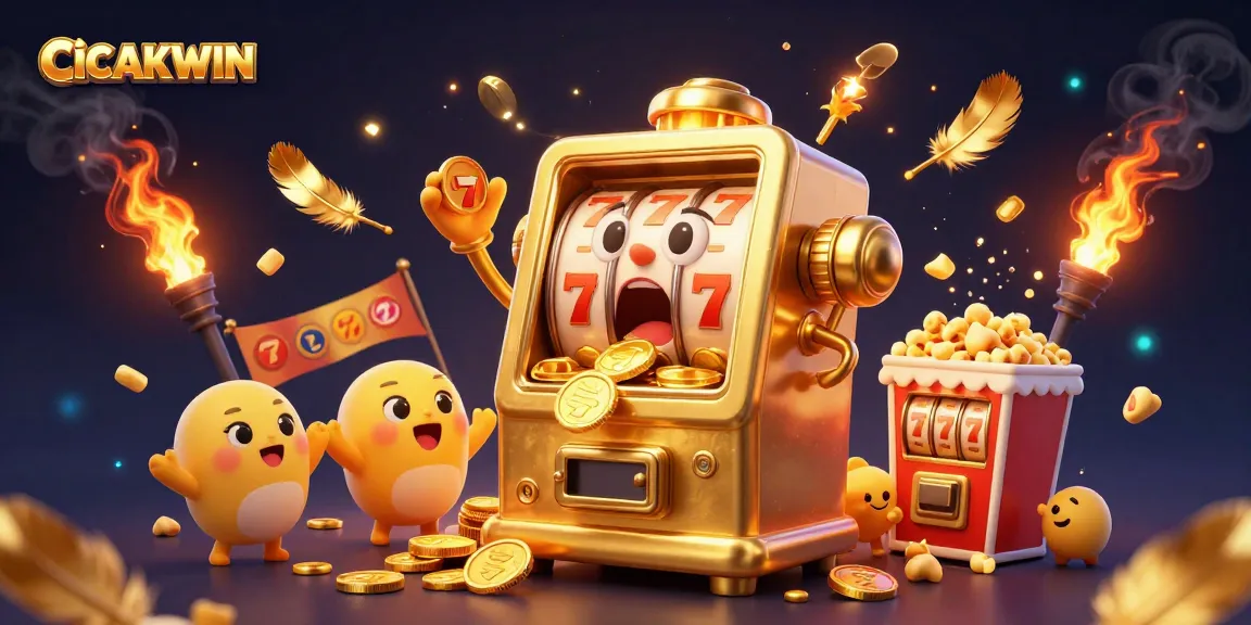 CICAKWIN slot machine hits jackpot as golden coins burst out, cheerful baby slots, vibrant casino scene.