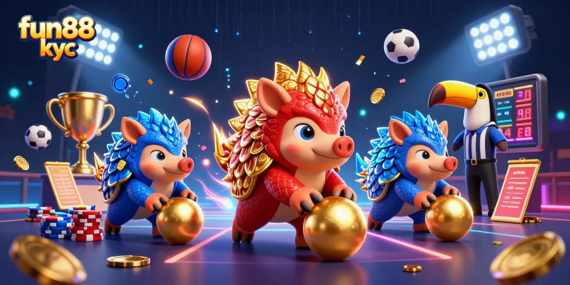 Chơi fun88 kyc với cặp tê tê đối thủ trong không gian casino sống động, đầy ánh sáng và hiệu ứng hào nhoáng.