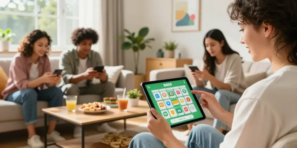 Engaged users playing Bingo 101 app in a bright, inviting living space, showcasing modern gaming socialization.