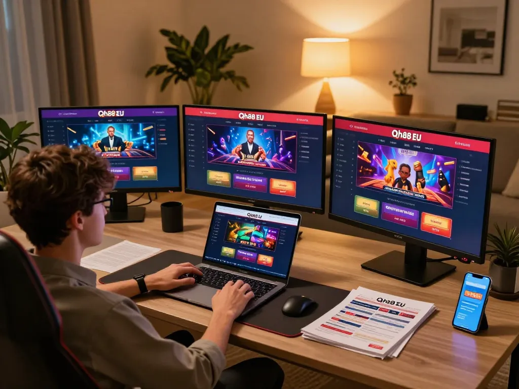 Person engaging in online gaming with Qh88 EU interface displayed on screens, showcasing a cozy gambling setup