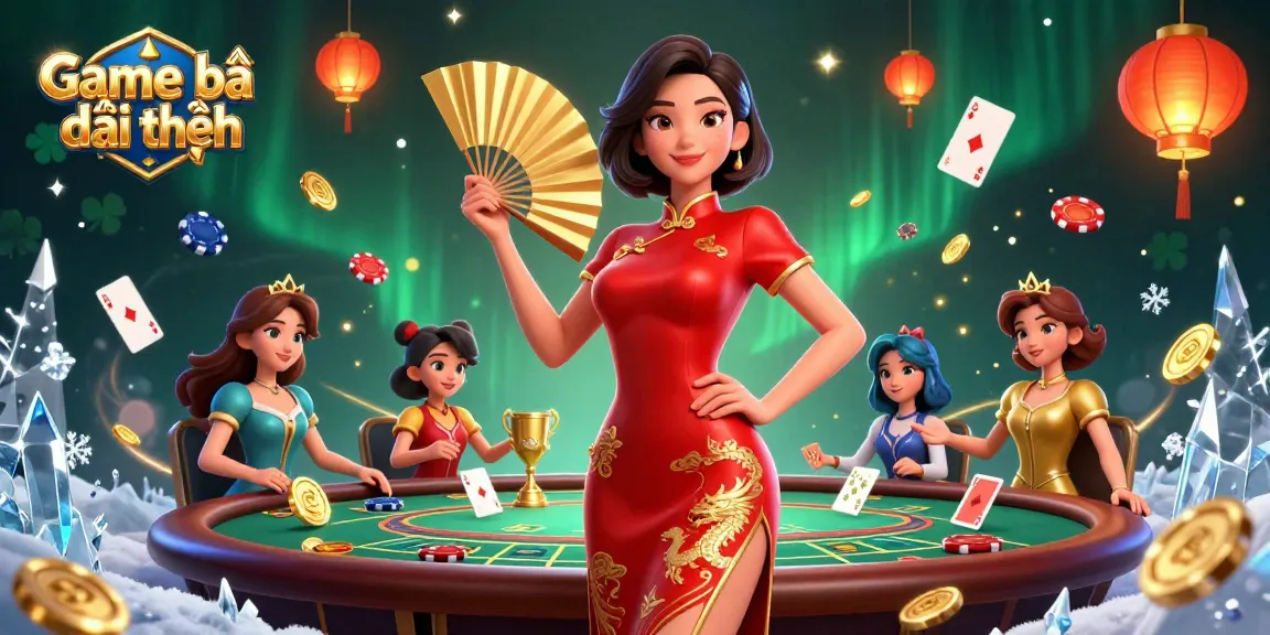 Engage with Game bài đổi thưởng as vibrant poker elements, golden coins, and dynamic characters come alive in this 3D scene.