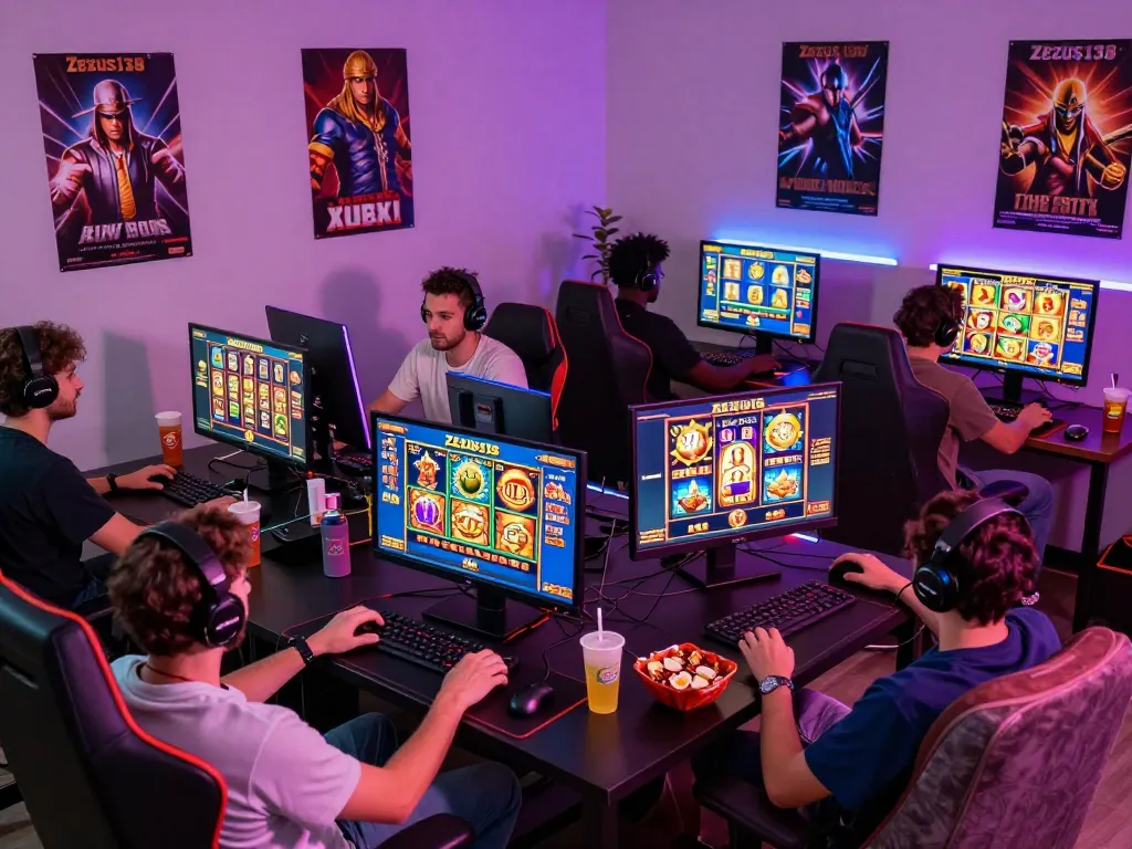 Exciting gaming scene with players enjoying Zeus138 slot games at home, colorful slot graphics and a lively atmosphere.