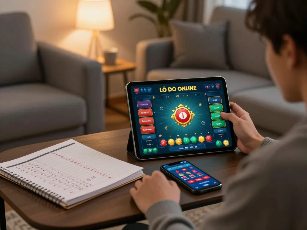 Lô đề online gameplay on tablet with strategy notes and warm ambiance in home setting