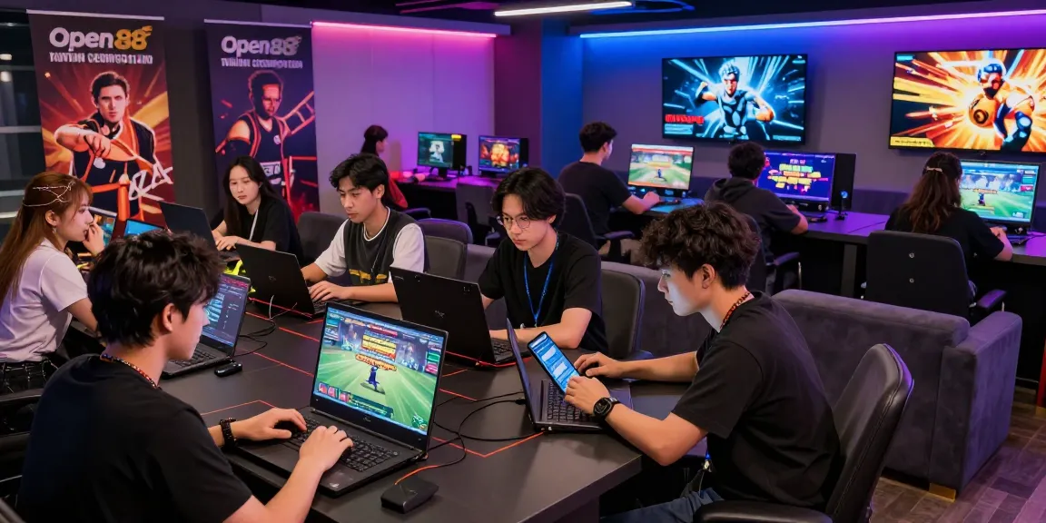OPEN88 online gaming players collaborating in a vibrant gaming lounge atmosphere with modern tech, showcasing diverse games.