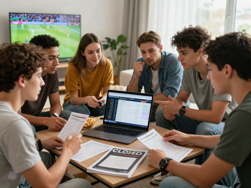 Friends engaging in sports betting discussion showcasing the Statymuzona website in a lively setting.