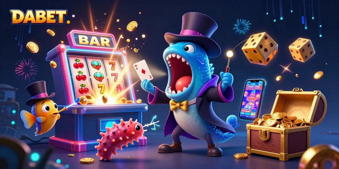 DABET brings excitement to casino gaming with a vibrant 3D illustration of card tricks and jackpots.