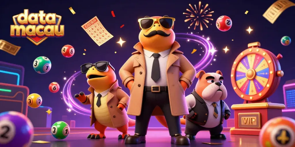 Melihat data macau dengan raptor dalam trench coat di kasino, bola lotere berwarna-warni melayang.