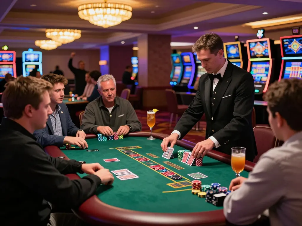 Players at the blackjack table celebrating a win in casino, tg88 chip stacks illuminate the scene.