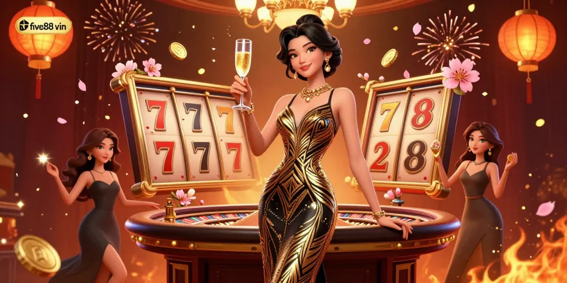 Experience five88 vin with an elegant woman celebrating at a casino, rich slot game elements around.