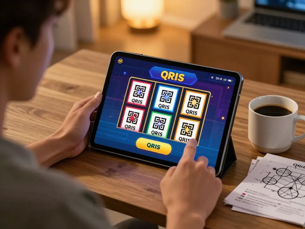 Player engaging with a slot QRIS game on a tablet in a cozy home setting, showcasing seamless online gambling.