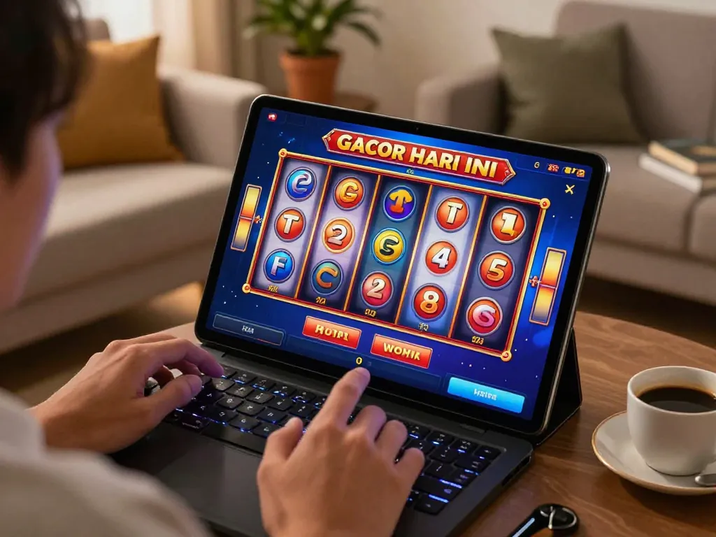 Engaging with slot gacor hari ini on a tablet at home, offering a thrilling online gambling experience.