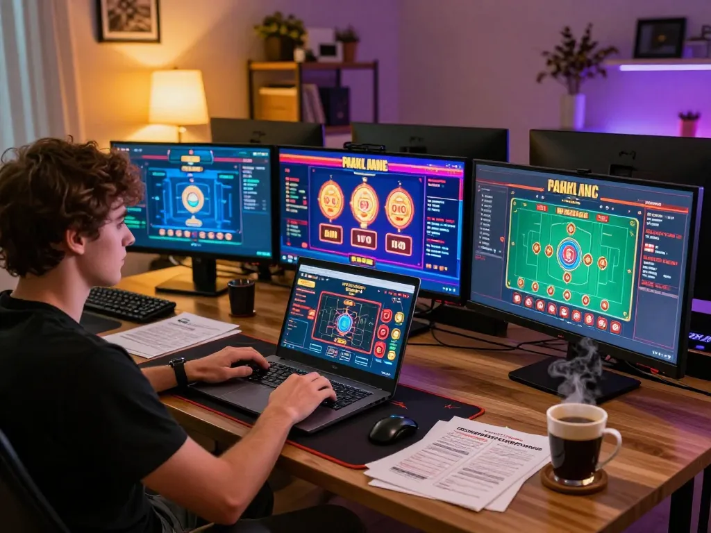 KADAL778 player engaging in online poker with colorful graphics and warm lighting in a home office