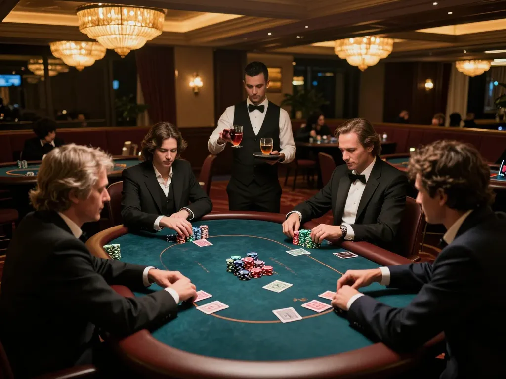 Players engaging in intense poker action at a Go8 VIP gaming table in a luxurious casino