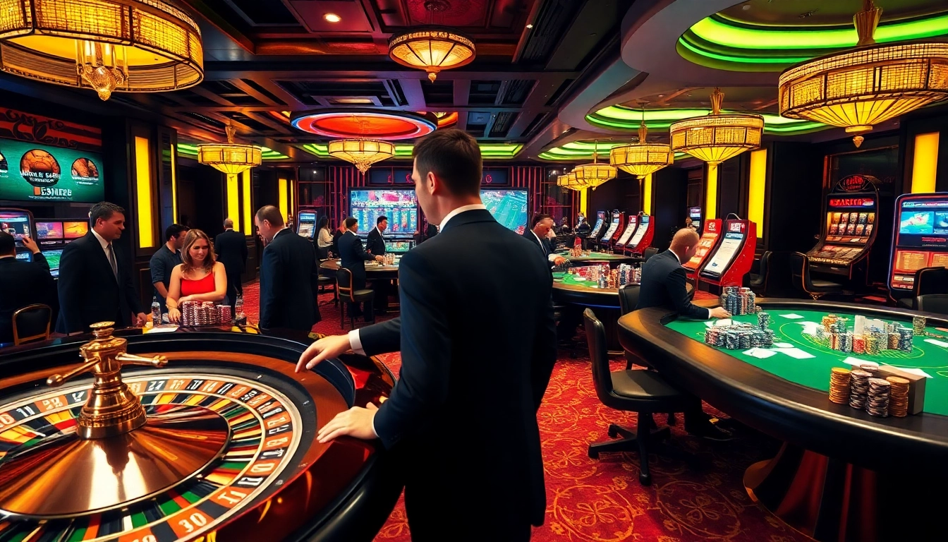 Engaging gamblers expertly placing bets on แทงบอลยังไง at a luxurious casino scene with poker chips and roulette tables.