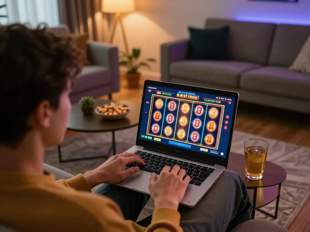 Engaging online gaming session at home using dn88 for dynamic slot gameplay on a laptop.