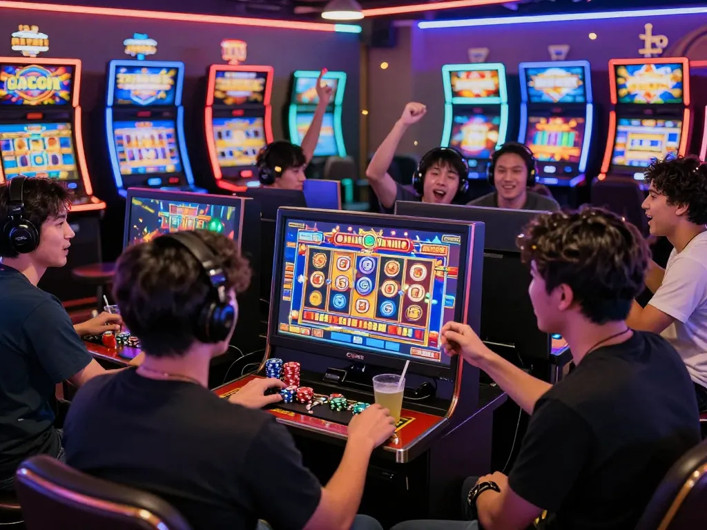 Pemain menikmati permainan slot gacor yang berwarna-warni dengan konfeti dan kegembiraan di lingkungan permainan online modern.