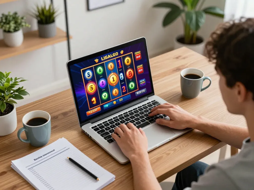 Engaging in LIGALGO slot games at a stylish home gaming setup with vibrant visuals.