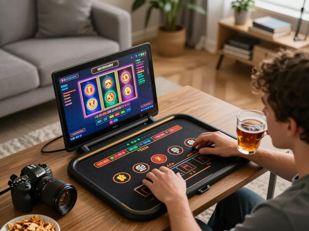 Engaging online casino gameplay experience showcasing incakoin on a laptop in a cozy living room