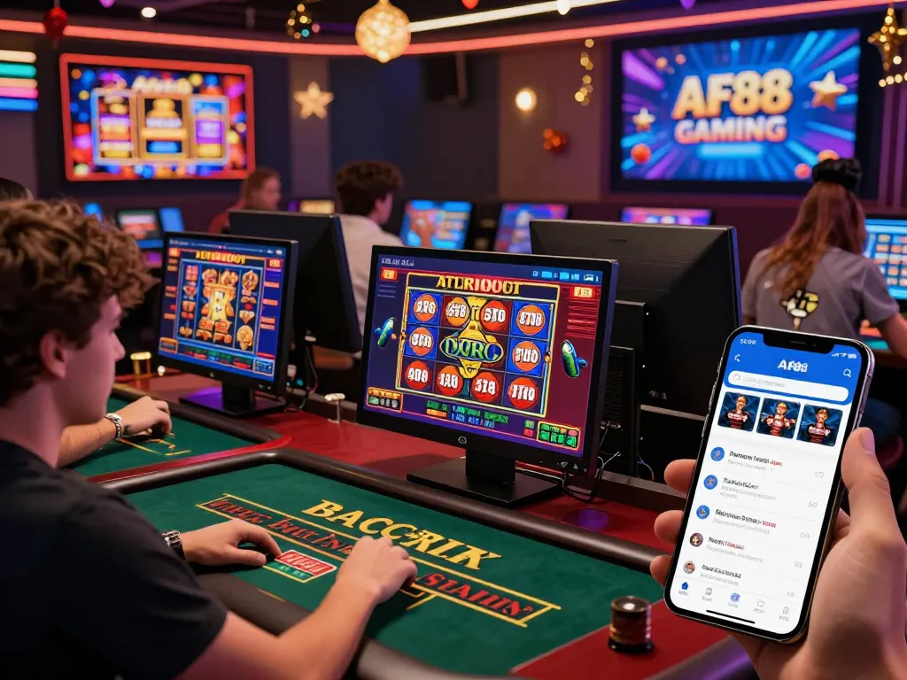 Engaging online casino atmosphere showcasing AF88 live dealer games, vibrant display of slots, and user-friendly devices.