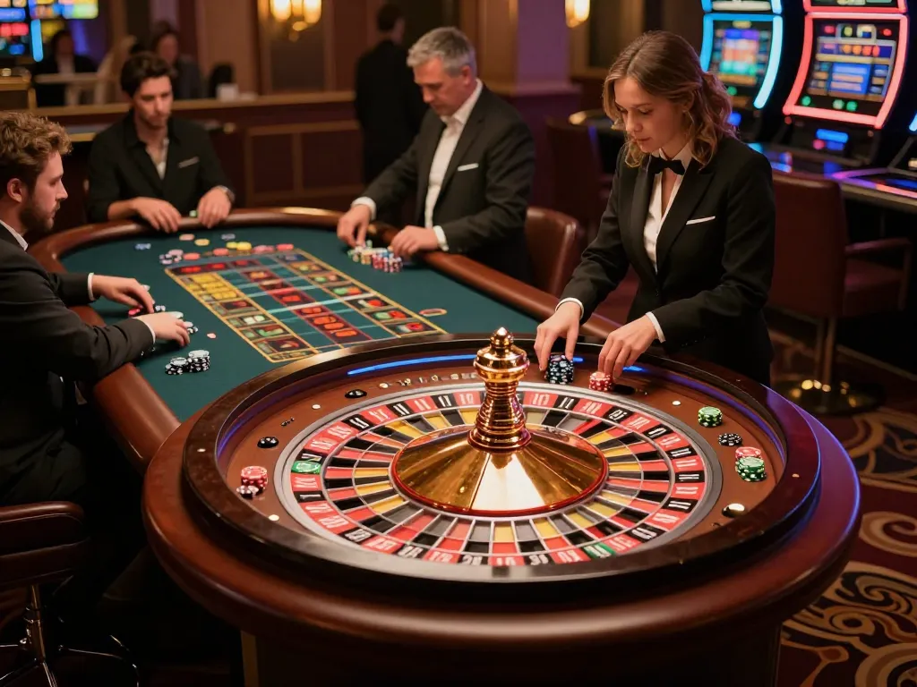 lv88seo players placing bets on roulette, excited atmosphere in a luxurious casino setting