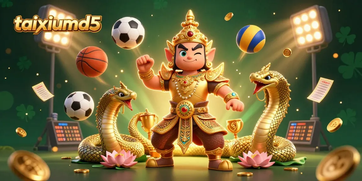 Engage in exhilarating gameplay with taixiumd5, featuring a dynamic 3D illustration of a temple guardian amidst sports elements and betting excitement.